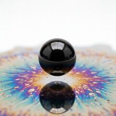 Fototapeta premium Black marble ball floating above a colorful soap bubble surface