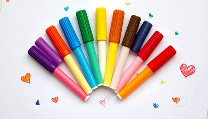 A collection of colorful markers arranged on a white paper with hearts