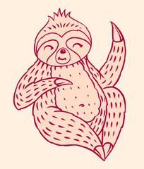 Fototapeta premium Cartoon sloth character in hand drawn style. Cute animal for kids clothes design for sleeping or lazy concepts. Adorable little creature