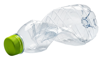 Crushed plastic bottle isolated on transparent background, symbolizing waste and environmental issues, highlighting the need for recycling and sustainability