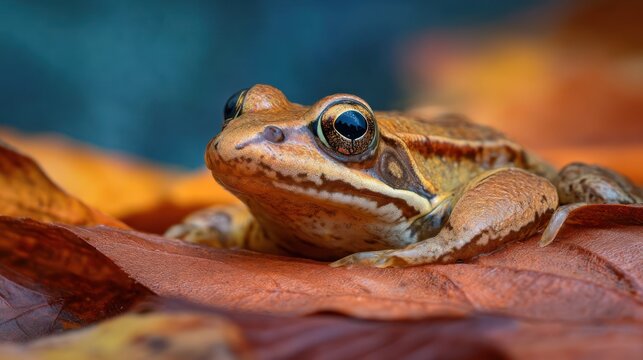 Common frog resting on fallen leaf - Powered by Adobe