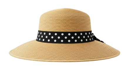 Elegant straw hat with black and white polka dot ribbon, isolated on transparent background, studio shot