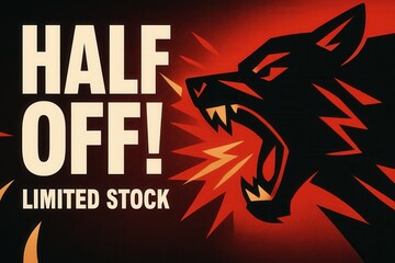 Eye-catching HALF OFF! discount offer banner featuring a roaring wolf, bold promotional retail style, with limited stock urgency.