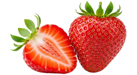 Fresh and juicy strawberry, one whole and one half, isolated on transparent background, perfect for healthy eating