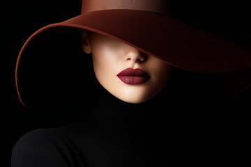 Burgundy lips of a model in a felt hat on a black background. Advertising of lipstick, a luxury clothing store, and cosmetics.