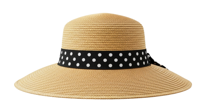 Elegant straw hat with black and white polka dot ribbon, isolated on transparent background, studio shot