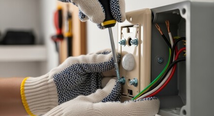 Hands securing motion sensor switch backplate in garage electrical box featuring clear view of screw alignment and wire placement.