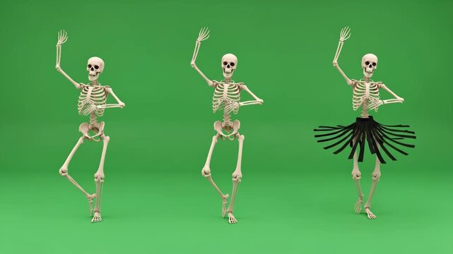 Dancing Skeleton on Green Screen - A humorous video of a skeleton in various dance poses against a vibrant green background.