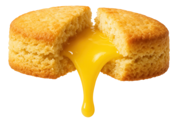 A soft vanilla muffin split open with a vibrant yellow lemon filling oozing from the center.