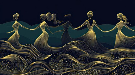 Elegant women walking on water, graceful figures, golden flowing dresses, dark background. Possible use Stock photo for fashion, spirituality, beauty, or design inspiration