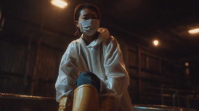Female worker wearing protective suit, face mask and yellow boots in dimly lit industrial area. Hygiene, safety and sanitation in factory cleaning concept