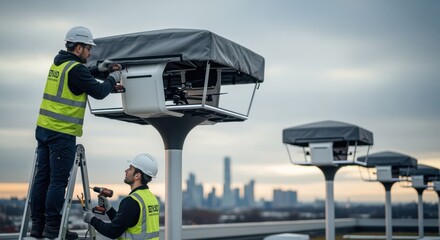 Installation crew securing weatherproof covers over drone delivery docking bays ensuring durability against elements.