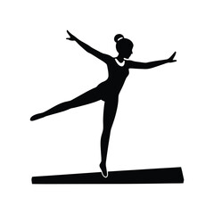 Elegant silhouette of a female gymnast performing a graceful pose on a balance beam, showcasing balance and flexibility