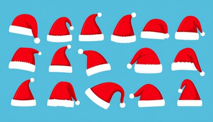 A collection of red and white hats, presented on a bright blue background