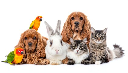 A collection of several popular pets, all posed on a white backdrop