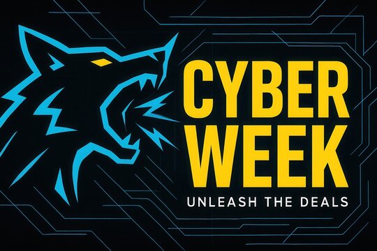 Cyber Week Unleash the Deals discount banner, dynamic neon style, striking retail promotion offer. - Powered by Adobe