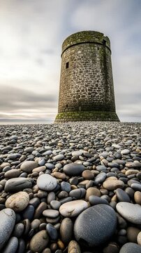 An ancient, weathered stone tower stands majestically on a vast pebble beach, reaching towards a dramatic, cloudy sky. The historic circular structure, covered in moss and rich textures, offers a stri