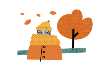 Collage picture of young lovely woman wear warm clothes coat walk autumn cold weather isolated on painted background