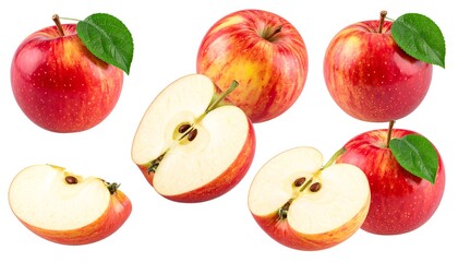 A collection of ripe, red apples with green leaves, some cut