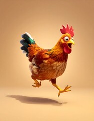 Fototapeta premium A colorful, cartoonish chicken in motion, with a wide-eyed expression