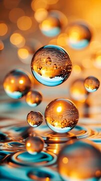 Golden Reflective Orbs Floating on Liquid, Sparkling Bokeh Background (Vertical).
A captivating, high-quality 10-second vertical video (9:16 aspect ratio) featuring multiple clear glass or crystal sph