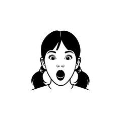 Illustration of a surprised girl with pigtails and an open mouth in black and white silhouette