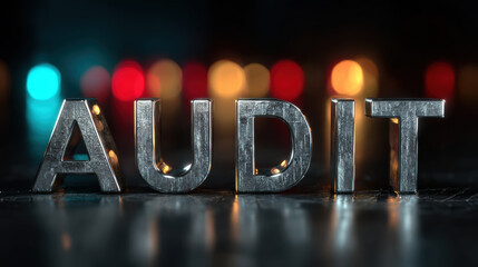 Serious business audit word for financial strategy, system analysis, and control. metallic text concept for compliance and investigation