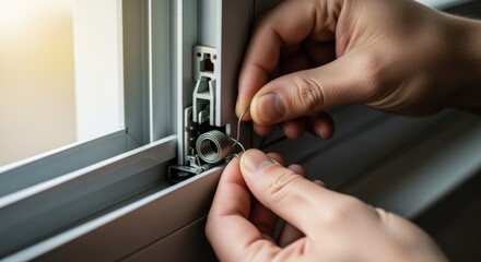 Obraz premium Hands replacing the worn spiral balance spring in an aluminum doublehung window to improve sash stability.