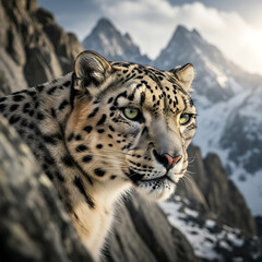 Fototapeta premium Snow leopard portrait in a rocky, mountainous landscape, looking to the right, with snow-covered peaks in the background.