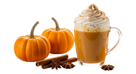 Pumpkin spice latte isolated on transparent background, accompanied by cinnamon sticks and pumpkins, a seasonal autumn beverage