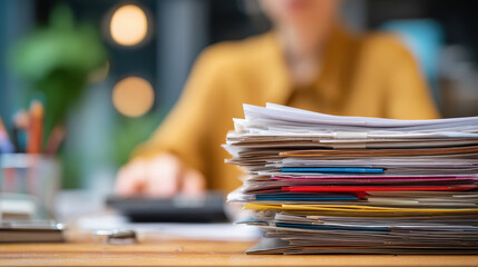 Stressed business woman working with stack of paper and documents at office desk. Concept of paperwork, finance, workload, and overload