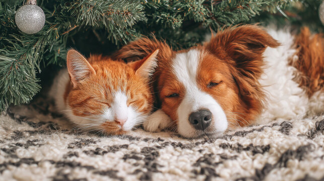 Cute dog and cat sleeping peacefully together under christmas tree. lovely pet friendship during cozy winter holiday season at home - Powered by Adobe