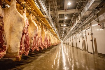 Beef carcasses hanging on hooks, moving through an industrial meat processing facility