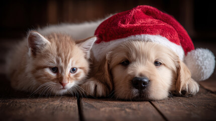 Adorable kitten and puppy with Christmas hat sleep together. cute animal friendship showing peaceful pet holiday season on wood floor