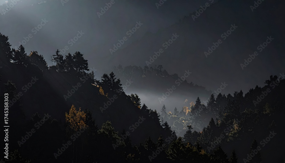 Poster serene mountain landscape at dawn with mist rolling through trees and soft light illuminating the sc