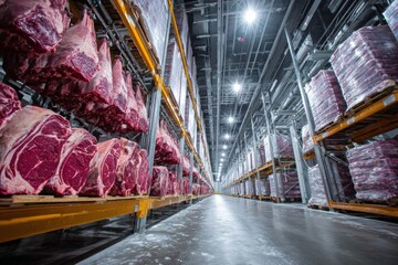 Beef carcasses and wrapped meat products filling industrial cold storage warehouse racks