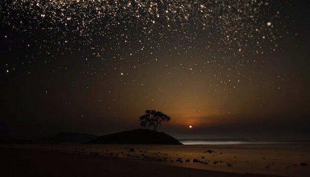 Serene night landscape featuring a lone tree silhouetted against a starry sky and sunset over the ocean