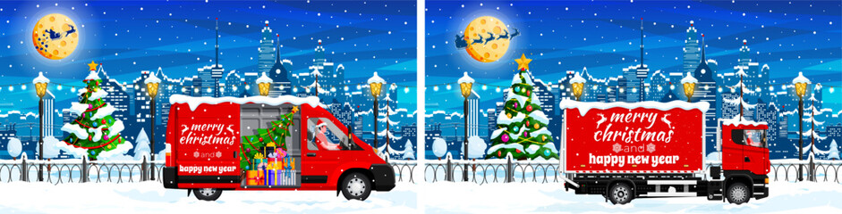 Naklejka premium Red delivery van and truck bringing joy to a festive snow-covered city for Christmas and New Year celebration in flat style with Santa in sleigh.