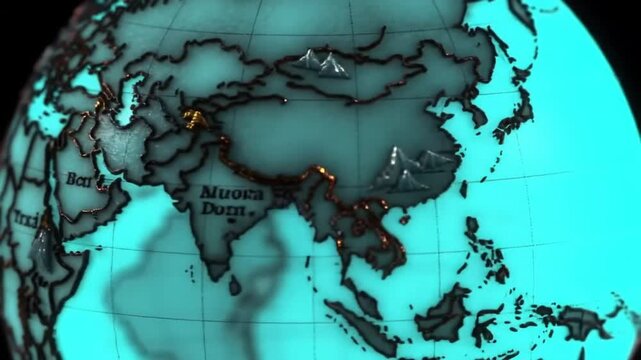 Animated world map with detailed country outlines and mountain graphics
