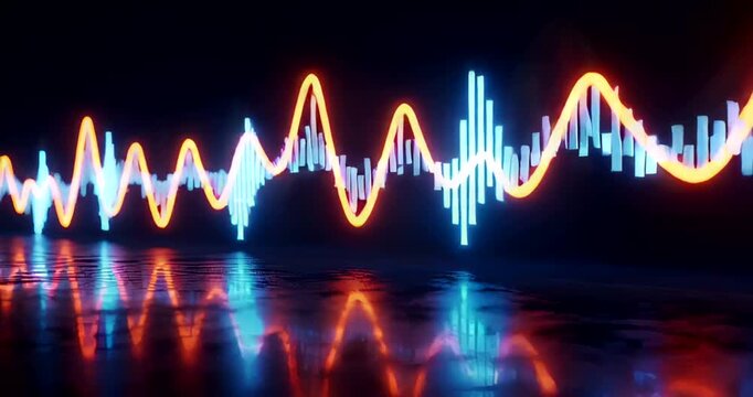 Vibrant audio waveform visualization with reflections, showcasing sound dynamics
