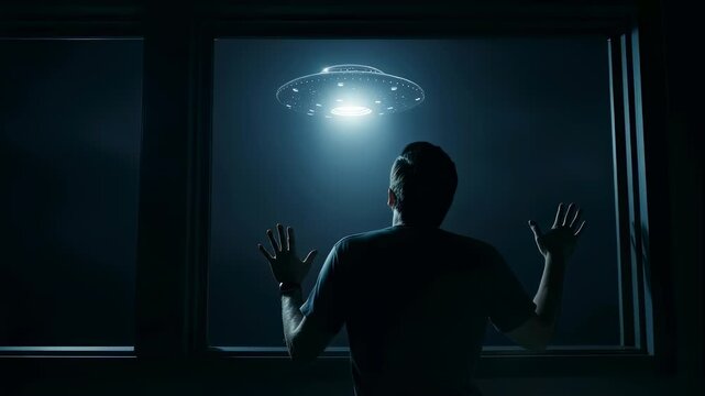 Man looking out window at flying saucer at night, an alien invasion concept with a science fiction theme, animation