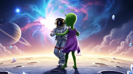 Astronaut and Alien Dancing in Space - A whimsical illustration depicts an astronaut dancing with a green alien on a celestial body.