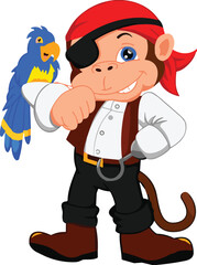 Cartoon pirate monkey with red bandana, smiling animal character pointing, blue parrot companion, kids adventure theme, vector illustration, fun
