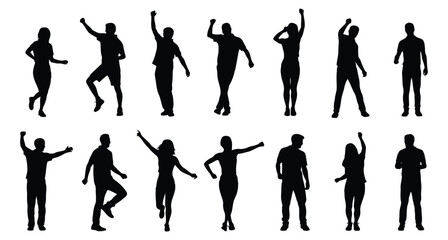 Dancing people silhouette set, celebration and joy poses, party vector icons, expressive movement, black design, male and female figures