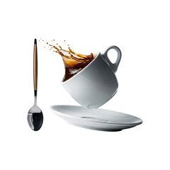 Coffee cup spilling hot beverage with spoon isolated on transparent background, a moment of chaos and messiness
