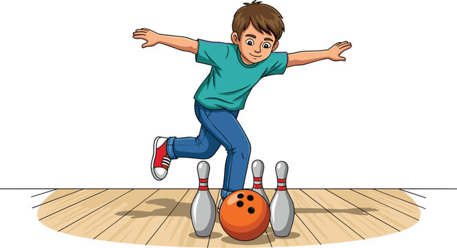 Cartoon young bowler in action, orange ball rolling, vector illustration for sports, recreation, kids activity, dynamic pose, bowling design