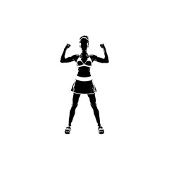 Silhouette of a woman in athletic wear flexing her biceps on a white background