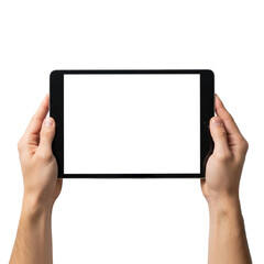 Hands holding a tablet computer with a blank screen, showcasing a modern device isolated on transparent background
