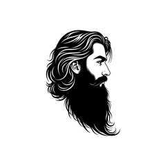 Man with long hair and beard in black and white vector side profile view art silhouette