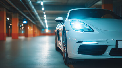 Car parked in an underground parking garage, surrounded by concrete walls and dim lighting, creating an urban and modern atmosphere
